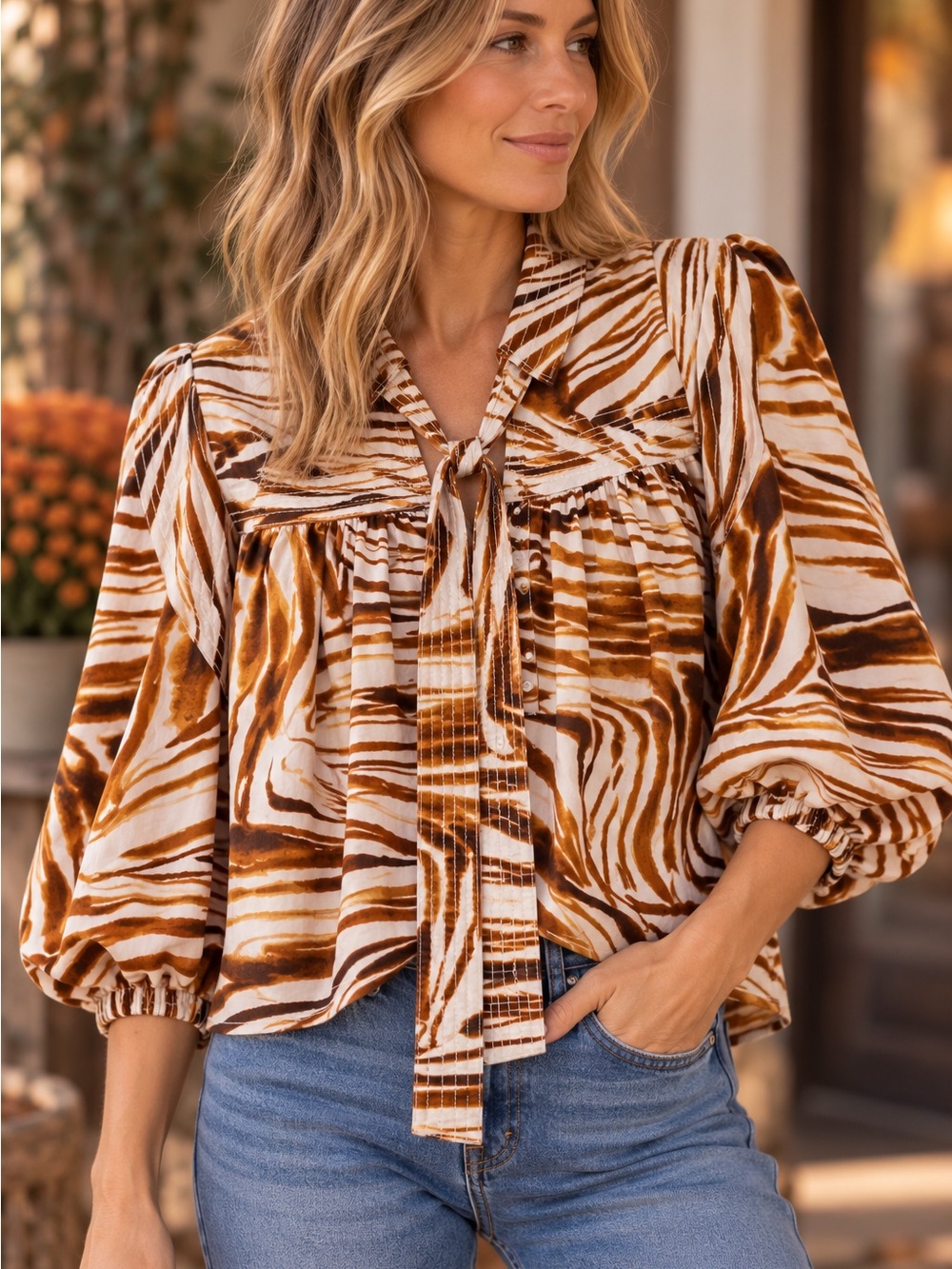 Love The Label Sz M Abstract Zebra Print Top Neck Tie Puff Sleeves Caramel cream